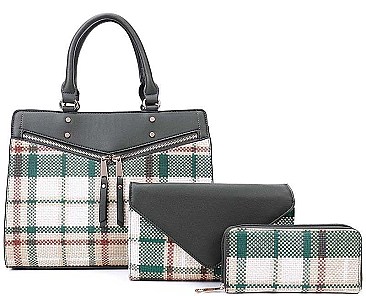 3IN1 TRENDY PLAID CHECK SATCHEL CLUTCH AND WALLET SET