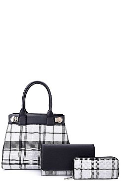 3IN1 MODERN CHECK SATCHEL BAG CLUTCH AND WALLET SET