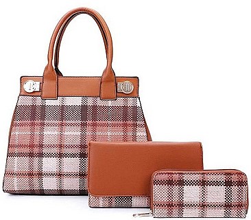 3IN1 MODERN CHECK SATCHEL BAG CLUTCH AND WALLET SET