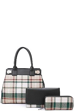 3IN1 MODERN CHECK SATCHEL BAG CLUTCH AND WALLET SET