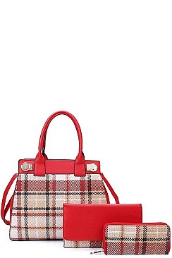 3IN1 MODERN CHECK SATCHEL BAG CLUTCH AND WALLET SET