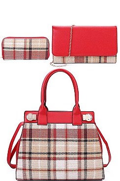 3IN1 MODERN CHECK SATCHEL BAG CLUTCH AND WALLET SET