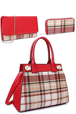 3IN1 MODERN CHECK SATCHEL BAG CLUTCH AND WALLET SET
