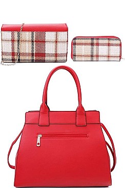 3IN1 MODERN CHECK SATCHEL BAG CLUTCH AND WALLET SET