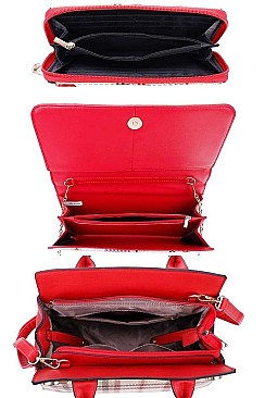 3IN1 MODERN CHECK SATCHEL BAG CLUTCH AND WALLET SET