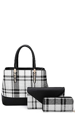 3IN1 HOT TRENDY CHECK SATCHEL BAG CLUTCH AND WALLET SET