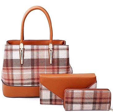 3IN1 HOT TRENDY CHECK SATCHEL BAG CLUTCH AND WALLET SET