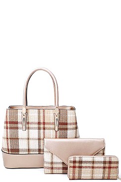 3IN1 HOT TRENDY CHECK SATCHEL BAG CLUTCH AND WALLET SET