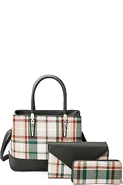 3IN1 HOT TRENDY CHECK SATCHEL BAG CLUTCH AND WALLET SET