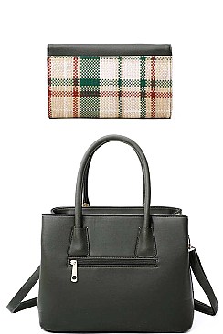 3IN1 HOT TRENDY CHECK SATCHEL BAG CLUTCH AND WALLET SET