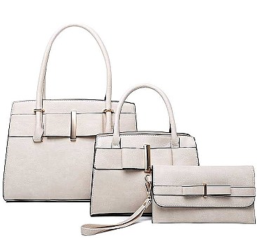 3 IN 1 RIBBON ACCENT SATCHEL BAGS AND CLUTCH SET