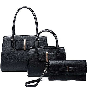 3 IN 1 RIBBON ACCENT SATCHEL BAGS AND CLUTCH SET