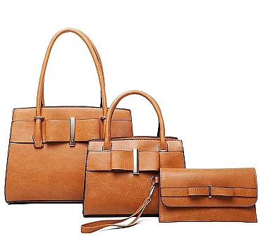 3 IN 1 RIBBON ACCENT SATCHEL BAGS AND CLUTCH SET