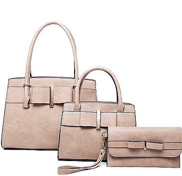 3 IN 1 RIBBON ACCENT SATCHEL BAGS AND CLUTCH SET