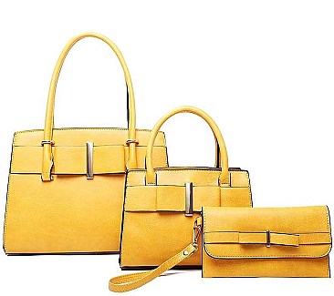 3 IN 1 RIBBON ACCENT SATCHEL BAGS AND CLUTCH SET