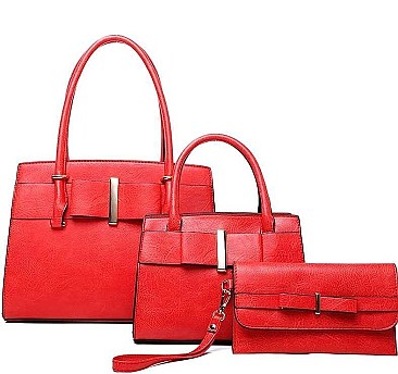 3 IN 1 RIBBON ACCENT SATCHEL BAGS AND CLUTCH SET