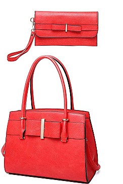 3 IN 1 RIBBON ACCENT SATCHEL BAGS AND CLUTCH SET