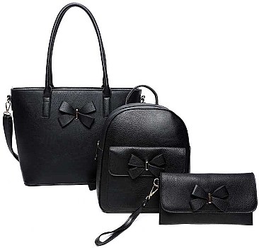 3IN1 FASHION BOW TIE SMOOTH TEXTURED SHOPPER BAG WITH BACKPACK AND CLUTCH SET
