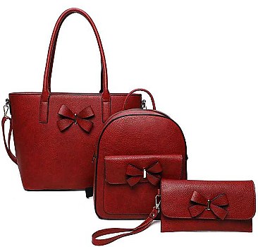 3IN1 FASHION BOW TIE SMOOTH TEXTURED SHOPPER BAG WITH BACKPACK AND CLUTCH SET