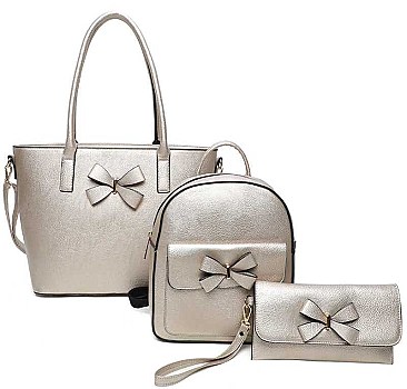 3IN1 FASHION BOW TIE SMOOTH TEXTURED SHOPPER BAG WITH BACKPACK AND CLUTCH SET