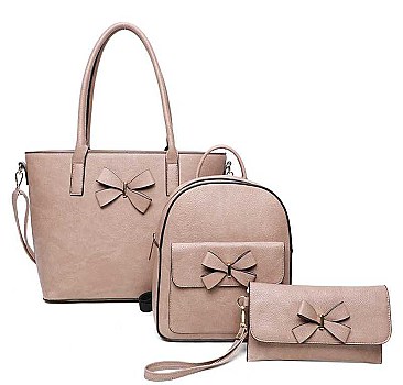 3IN1 FASHION BOW TIE SMOOTH TEXTURED SHOPPER BAG WITH BACKPACK AND CLUTCH SET