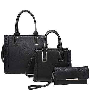 3IN1 SMOOTH TEXTURED SIDES STITCHING DESIGN TOTE BAG WITH MATCHING BAG AND CLUTCH SET