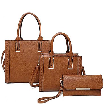 3IN1 SMOOTH TEXTURED SIDES STITCHING DESIGN TOTE BAG WITH MATCHING BAG AND CLUTCH SET