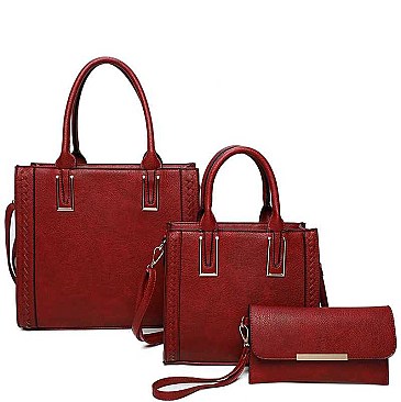 3IN1 SMOOTH TEXTURED SIDES STITCHING DESIGN TOTE BAG WITH MATCHING BAG AND CLUTCH SET