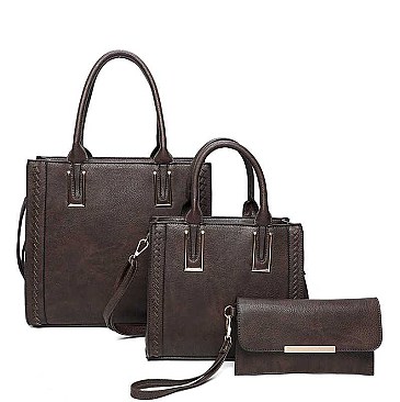 3IN1 SMOOTH TEXTURED SIDES STITCHING DESIGN TOTE BAG WITH MATCHING BAG AND CLUTCH SET