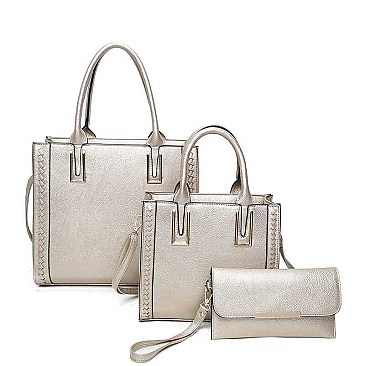 3IN1 SMOOTH TEXTURED SIDES STITCHING DESIGN TOTE BAG WITH MATCHING BAG AND CLUTCH SET