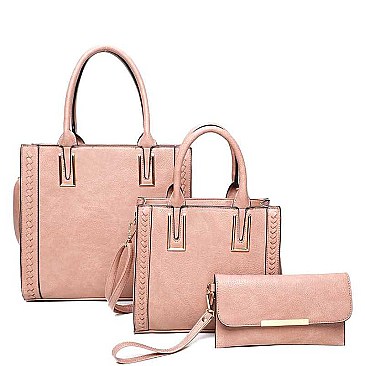 3IN1 SMOOTH TEXTURED SIDES STITCHING DESIGN TOTE BAG WITH MATCHING BAG AND CLUTCH SET