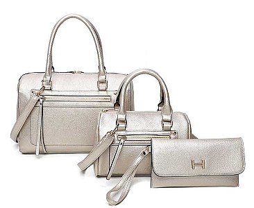 3IN1 FASHION PLAIN CLASSIC MINI DUFFEL BAG WITH MATCHING BAG AND CLUTCH SET