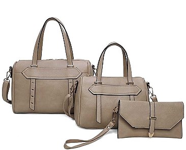 3 IN 1 TRENDY SMOOTH STUD STRAP DESIGN DUFFEL BAG AND CLUTCH SET