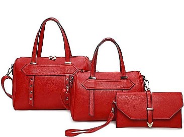 3 IN 1 TRENDY SMOOTH STUD STRAP DESIGN DUFFEL BAG AND CLUTCH SET