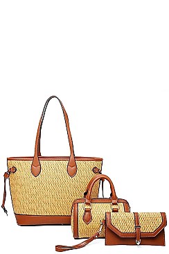 3 IN 1 TRENDY WOVEN TOTE BOSTON BAG SET