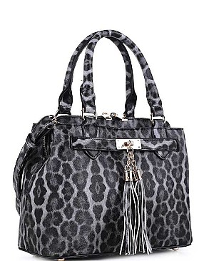 LEOPARD TASSEL ACCENT TWO WAY SATCHEL BAG