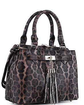 LEOPARD TASSEL ACCENT TWO WAY SATCHEL BAG