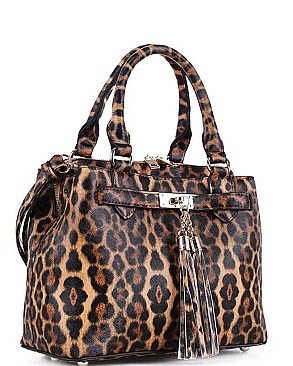 LEOPARD TASSEL ACCENT TWO WAY SATCHEL BAG