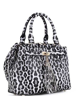 LEOPARD TASSEL ACCENT TWO WAY SATCHEL BAG