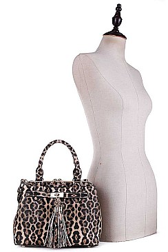 LEOPARD TASSEL ACCENT TWO WAY SATCHEL BAG