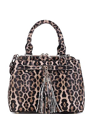 LEOPARD TASSEL ACCENT TWO WAY SATCHEL BAG