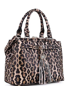 LEOPARD TASSEL ACCENT TWO WAY SATCHEL BAG