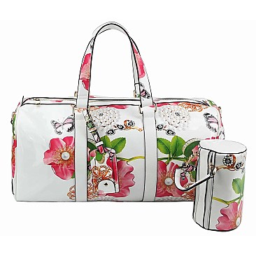 Glossy Flower Printed 2-in-1 Duffel & Makeup Pouch Set