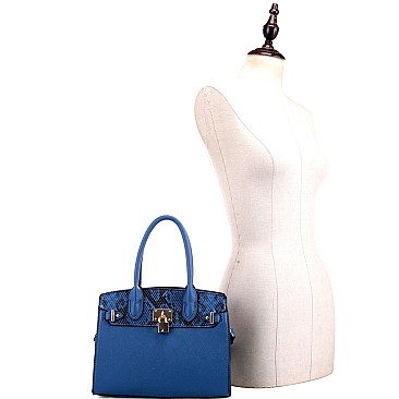 2-Way Medium Snake Print Padlock Accent Satchel
