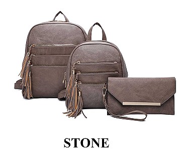 3 in 1 Stylish Tri-Zip Accent Back Pack Clutch Set