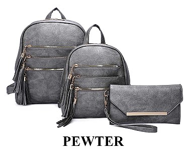 3 in 1 Stylish Tri-Zip Accent Back Pack Clutch Set