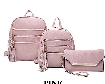 3 in 1 Stylish Tri-Zip Accent Back Pack Clutch Set