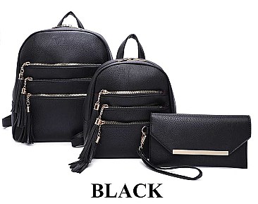 3 in 1 Stylish Tri-Zip Accent Back Pack Clutch Set