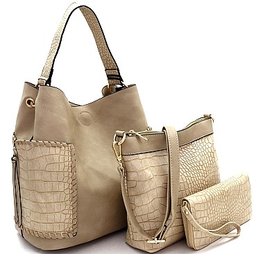 Crocodile Print Whipstitched Side Pocket 3 in 1 Hobo Wallet SET