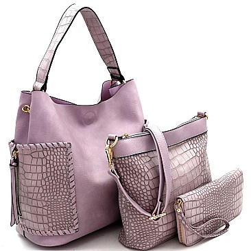 Crocodile Print Whipstitched Side Pocket 3 in 1 Hobo Wallet SET